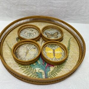 Everglades Vintage Butterfly Bamboo Tray 4‎ Coasters Set Home Decor Cottagecore